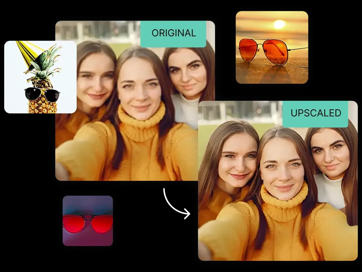 Image Upscaler 4K versatility demo — multiple image types with ORIGINAL and UPSCALED comparison labels